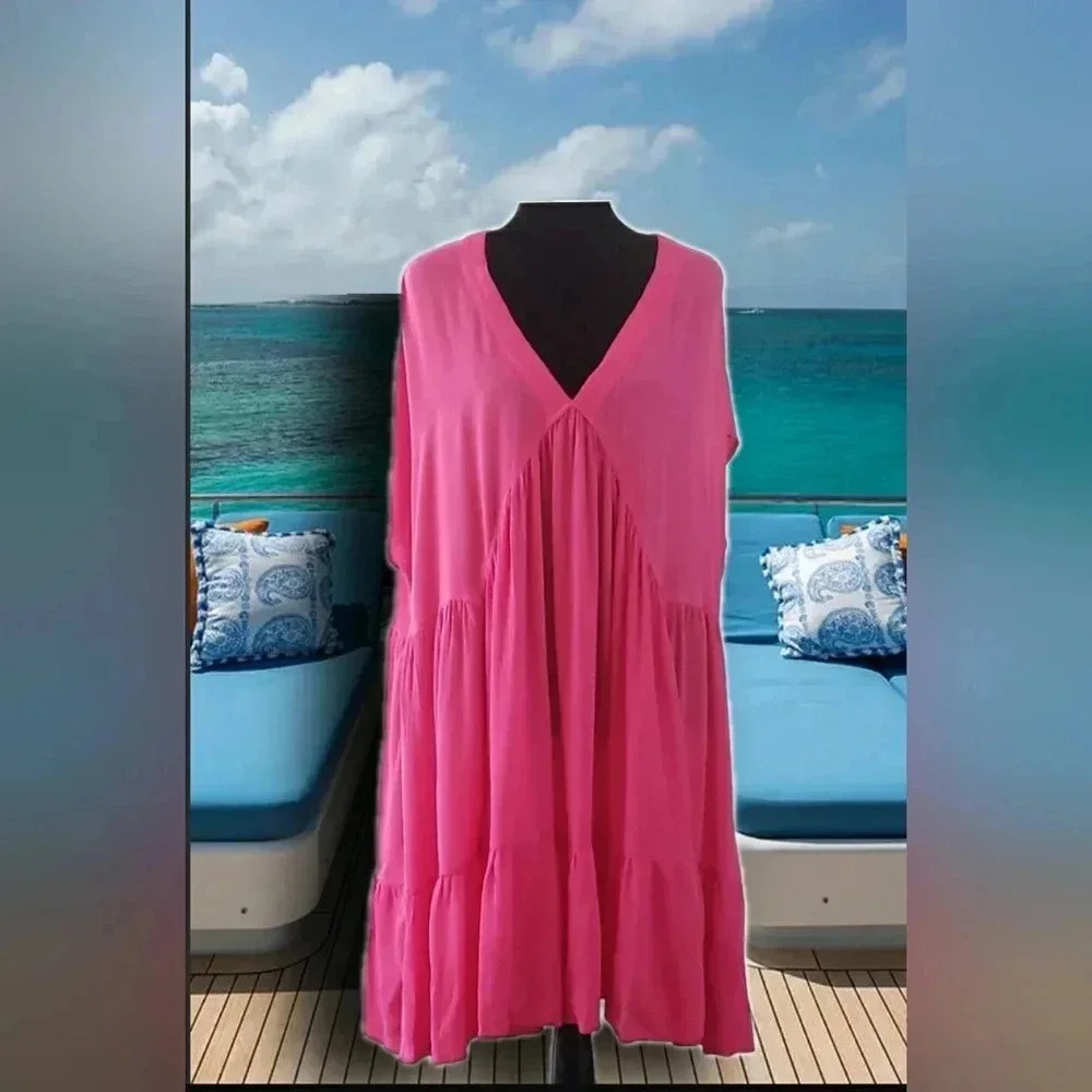 Flowy V-Neck Mini Dress in Hot Pink
